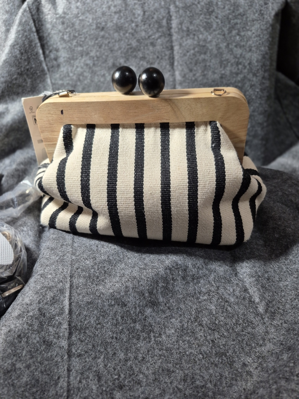 Zara Black & Cream Striped Wooden Frame Clutch